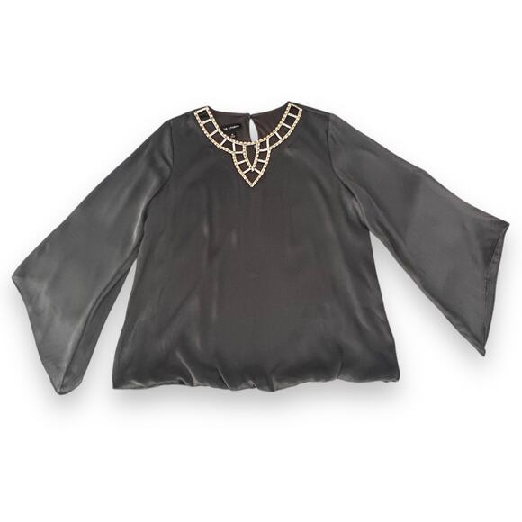 Black Bubble Hem Blouse Medium Gold Rhinestone Collar Top Shirt Bell I.N. Studio - Picture 10 of 11